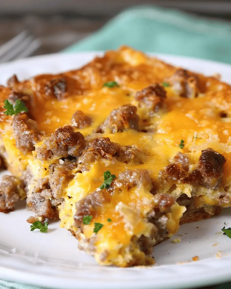 Cheesy Sausage Breakfast Casserole with Turkey Bacon and Chicken Ham