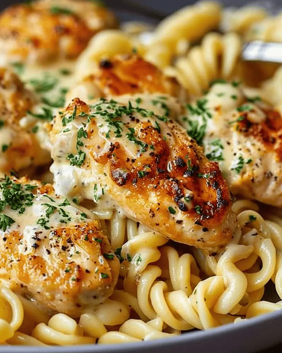 Creamy Garlic Parmesan Chicken with Cheesy Twisted Pasta