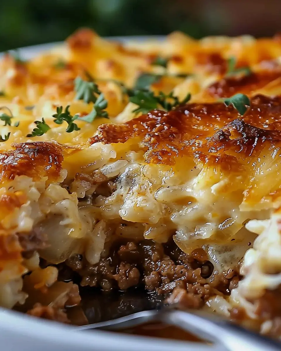 French Onion Ground Beef and Rice Casserole with Turkey Bacon Delight