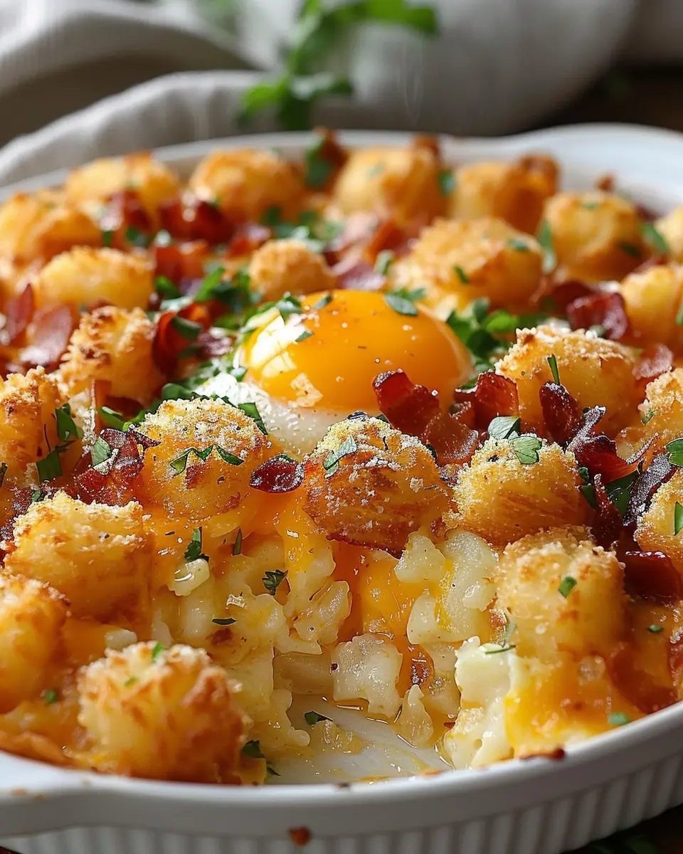 Crispy Tater Tot Breakfast Casserole with Turkey Bacon & Chicken Ham