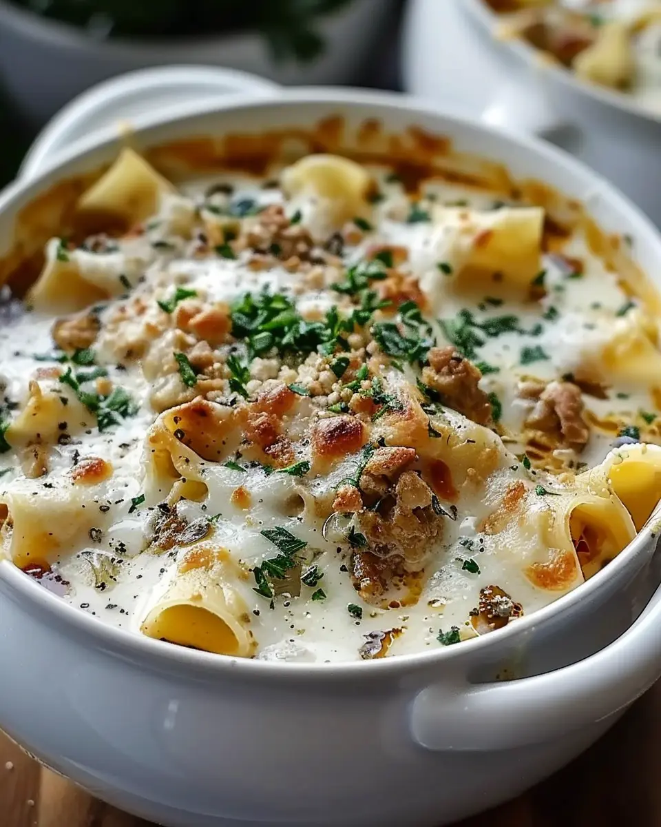 Creamy Alfredo Lasagna Soup with Turkey Bacon and Chicken Ham
