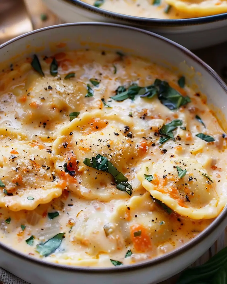 Creamy Tuscan Ravioli Soup with Turkey Bacon Bliss