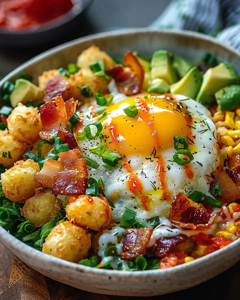 Ultimate Tater Tot Breakfast Bowl with Turkey Bacon and Chicken Ham