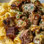 Cajun Steak Tips in Cheesy Rigatoni Parmesan Sauce
