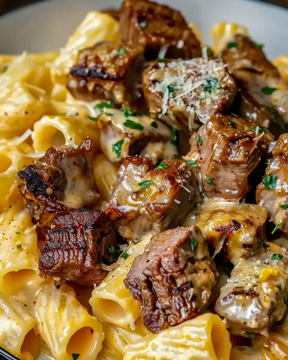 Cajun Steak Tips in Cheesy Rigatoni Parmesan Sauce Delight
