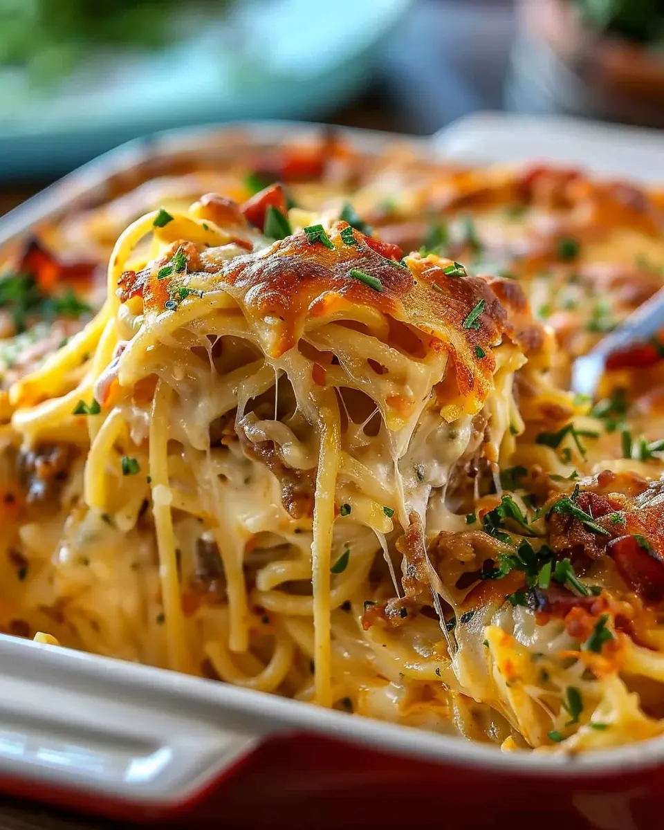 Creamy Southern Spaghetti Bake with Turkey Bacon and Chicken Ham