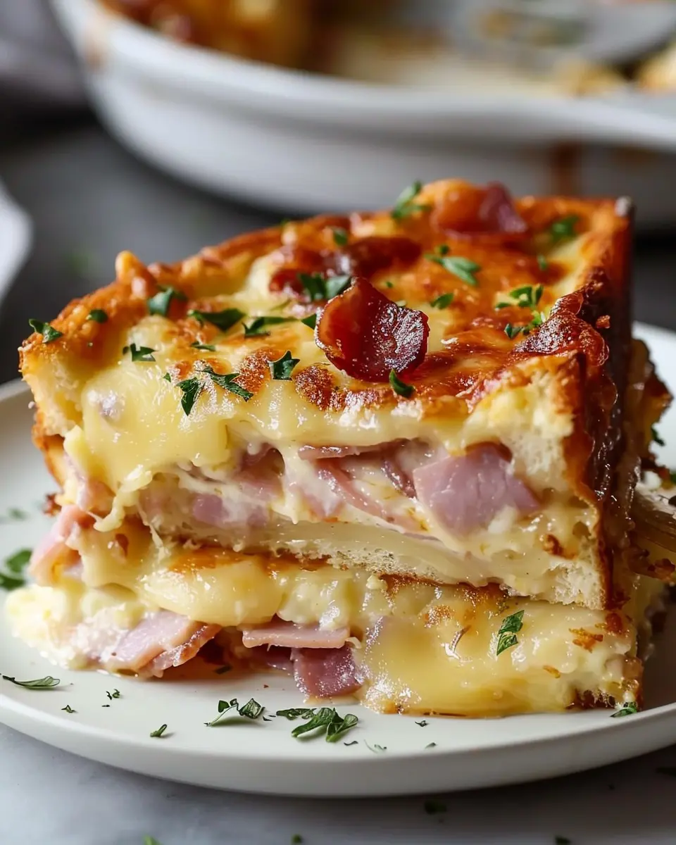 Monte Cristo Breakfast Casserole Recipe with Turkey Bacon and Chicken Ham