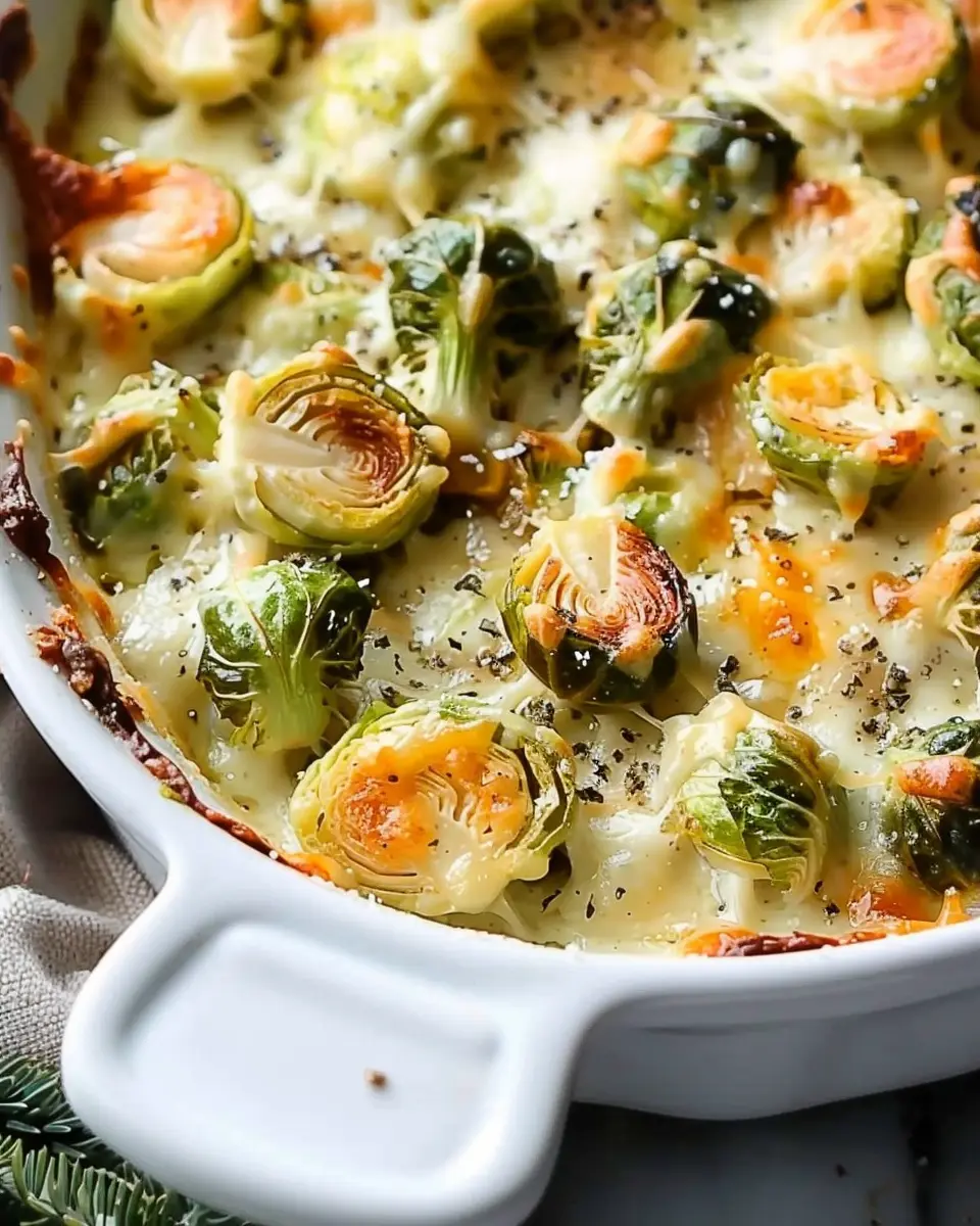 Garlicky Creamy Brussels Sprouts Au Gratin with Turkey Bacon Delight