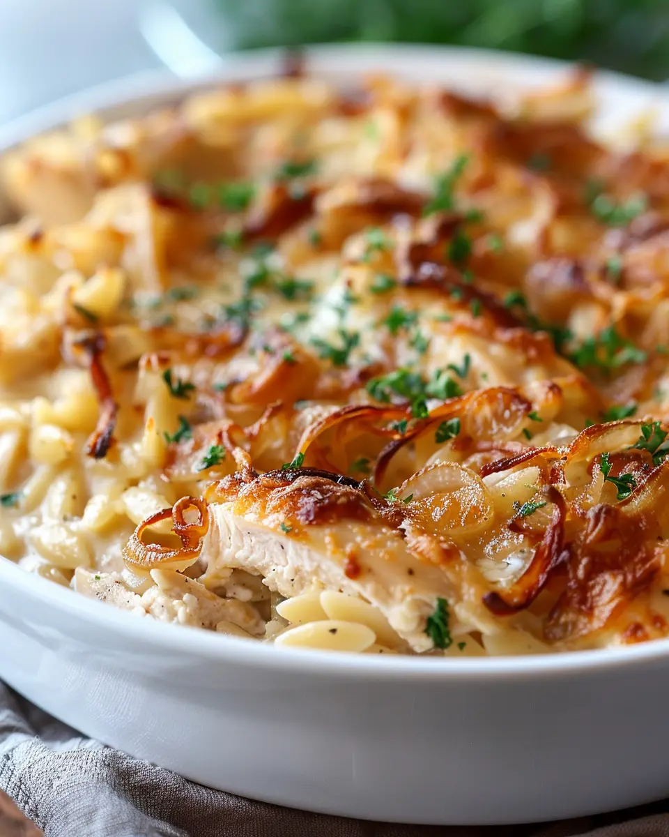 French Onion Chicken Orzo Casserole