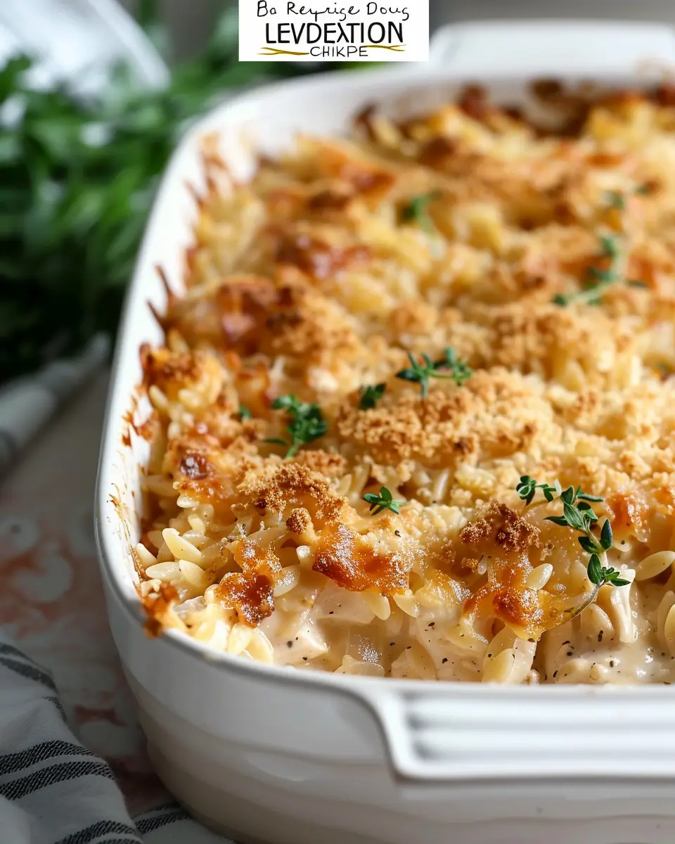 French Onion Chicken Orzo Casserole with Turkey Bacon Delight